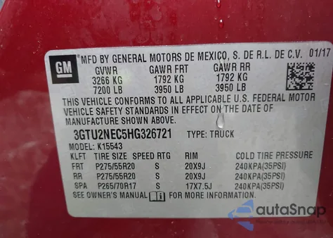 2017 GMC Sierra 1500 Slt z USA, uszkodzony, nr VIN 3GTU2NEC5HG326721